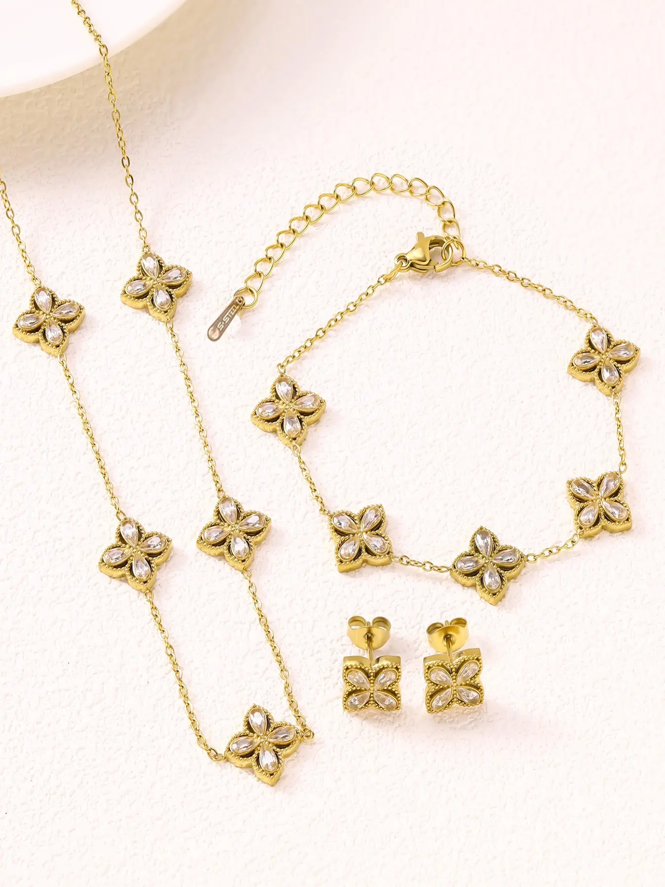3pcs Set Fashion Zircon Flower Earrings Bracelet Necklace, Stainless Steel Plated 18k Jewelry, Elegant Eco-Friendly Accessories