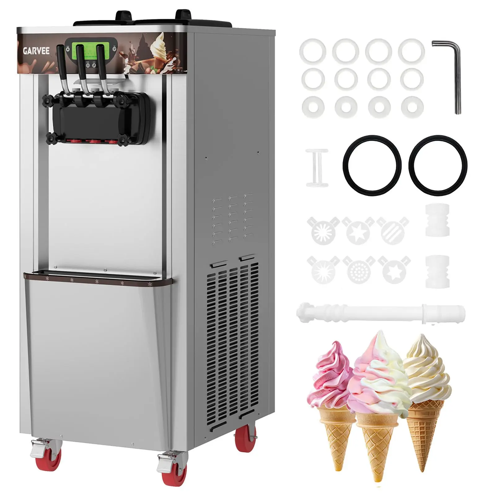 Professional 9.2-12.2 Gal/H Commercial Soft Serve Ice Cream Machine – 2+1 Flavors, 2450W/2600W, Vertical, Self-Cleaning, LED Display, Easy Operation – For Restaurants, Snack Bars, Home, 220V