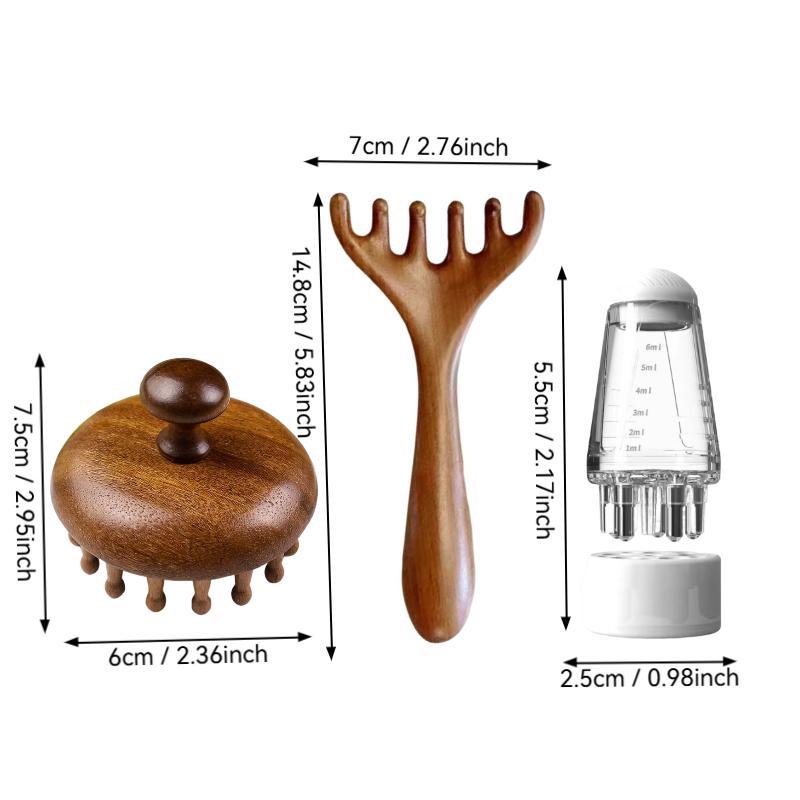 Wooden Scalp Massager Set, 3 Counts/set Manual Scalp Massager & Scalp Stimulator & Brush & Applicator Bottle, Heatless Hair Styling Tool for Home & Travel, Body Care