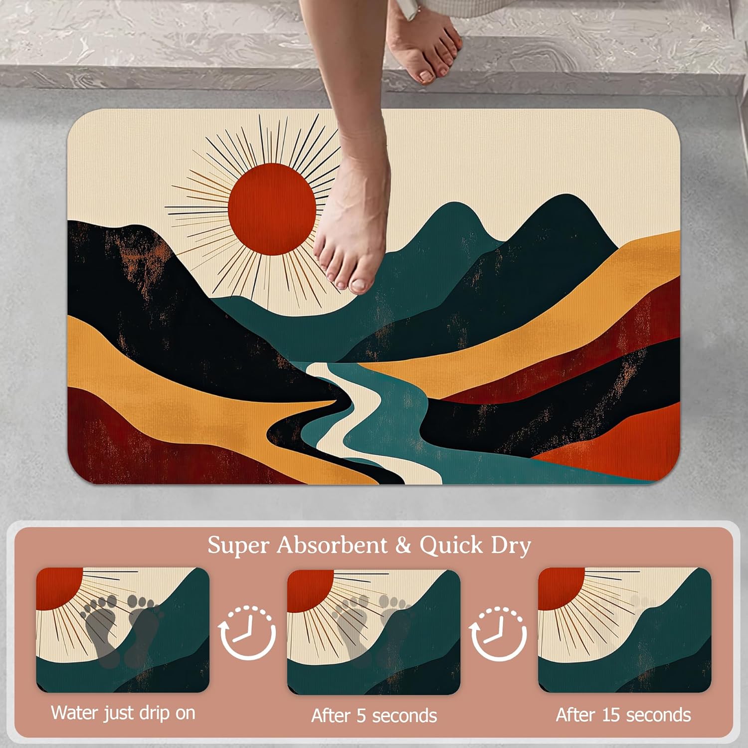 Abstract Landscape Bathroom Rug, Boho Sun Bath Mat, Modern Mountain River Floor Mat for Bathroom, Shower, Tub or Vanity Decor