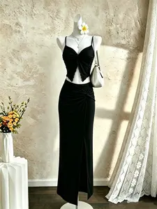 European and American Y2K Butterfly Design Adjustable Shoulder Straps High Waist Slim Fit Split Women's Dress Set Clothes