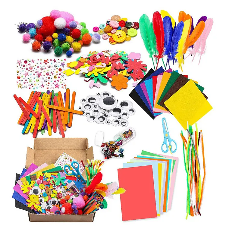 Kids Creative Craft Box – All-in-One DIY Art Supplies with Pom-Poms, Pipe Cleaners, Safety Scissors & Craft Sticks, Imaginative Learning Set for Fun Hands-on Projects
