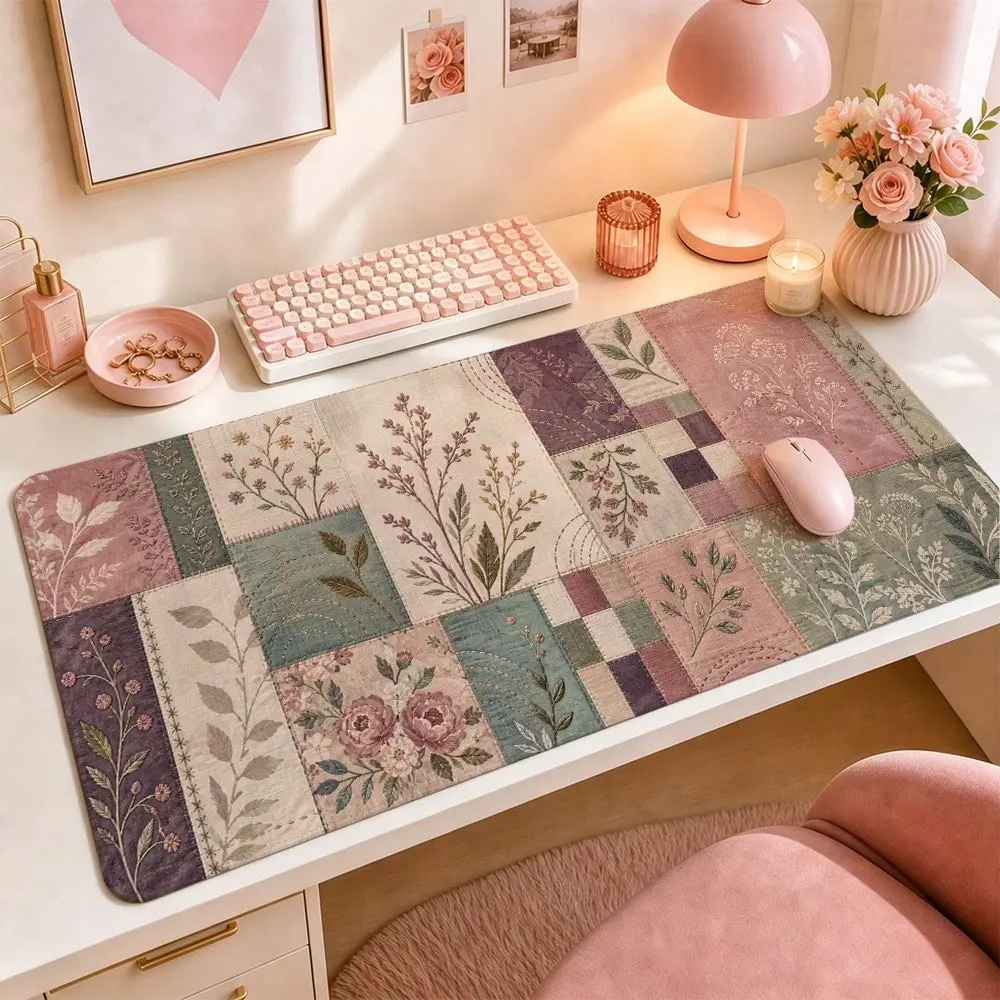 Grey Rose Patchwork Mouse Pad, Cozy Quilted Garden Style Desk Mat, Soft Floral Pattern Computer Pad, Wide Keyboard Mat, Suitable For Country Style Office, Dorm, Laptop Setup, Handmade Decor, Gift