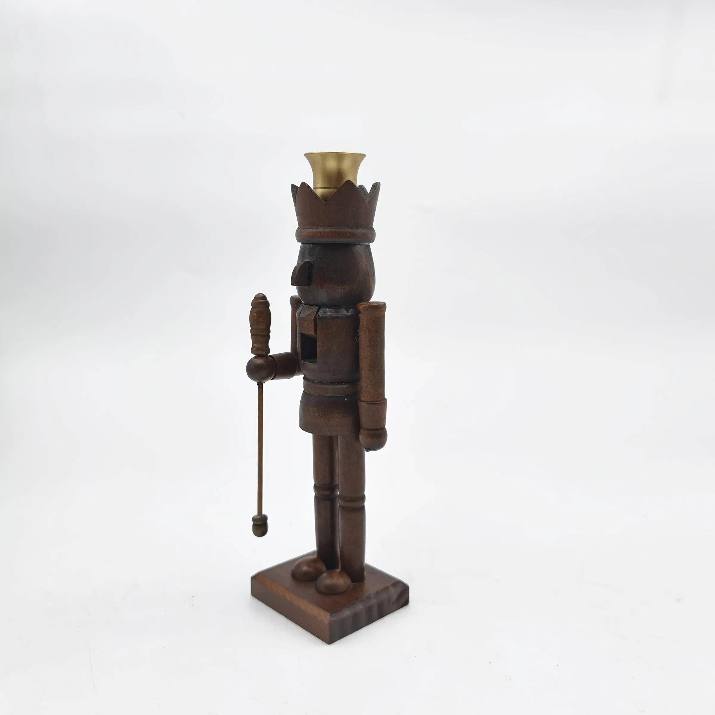 Vintage Dark Wood Grain Nutcracker with Candlestick, Handcrafted Christmas King Doll, Rustic Tabletop Ornament, 15/9.8 Inches