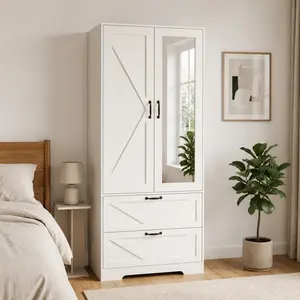 ARCH 2 Door Wood Wardrobe Closet with Hanging Rod and 2 Drawers for Bedroom Storage, White Particle Board Cabinet with Induction Light and Mirror, Freestanding Organizer for Clothes, 31.5W x 19.68D x 71.65H, White Color Options, Particle Board Materi
