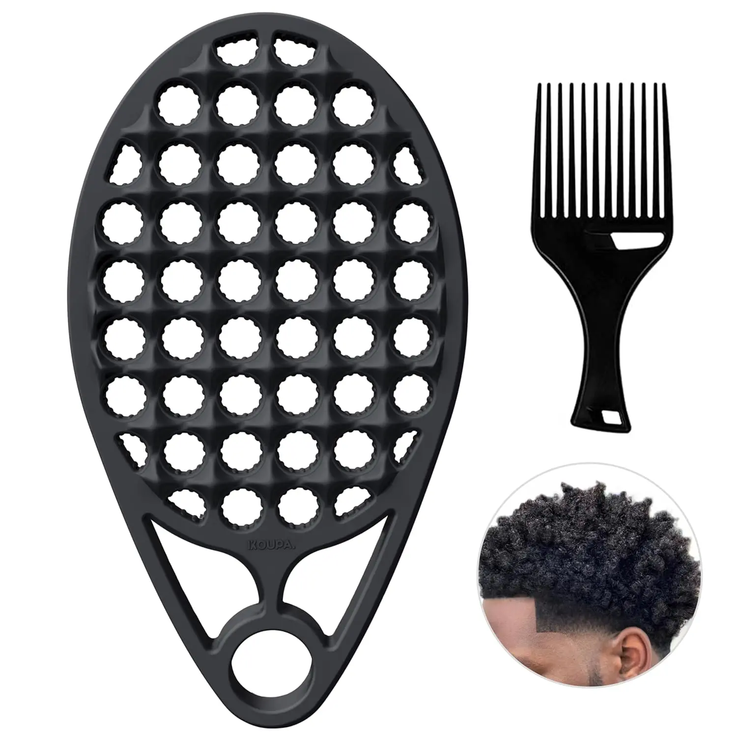 Silicone Afro Twist Brush with Pick Comb - Easy Clean Dual-Sided Design with Textured Holes for Defined Afro Curls, Suitable for Coily Hair Men & Women, Black