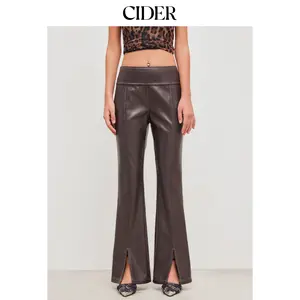 Cider [size 2-10] Faux Leather Low Rise Solid Split Flared Trousers