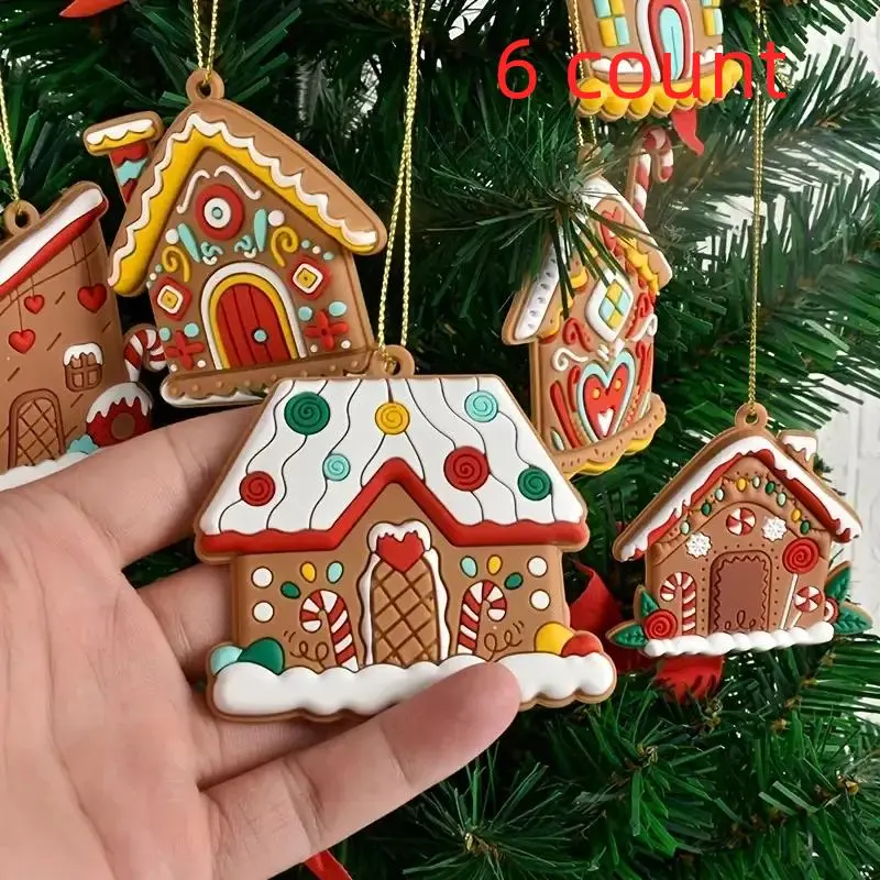 Gingerbread House Design Hanging Ornament, 6 Counts/set Cute Gingerbread House Christmas Tree Pendant, Hanging Decoration for Home Party Festival