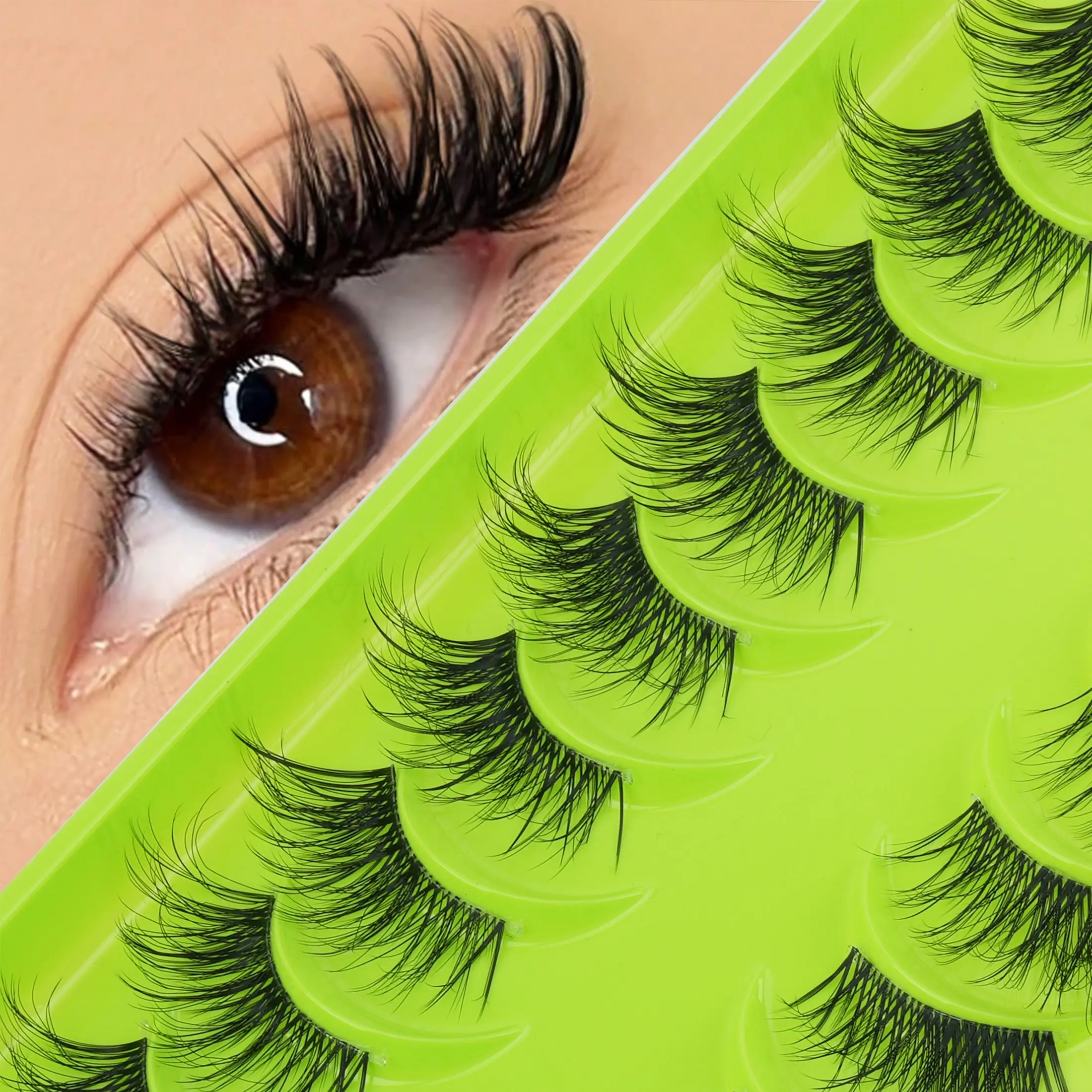 10 Pairs 3D Fluffy Natural Cat Eye False Lashes, Transparent Band, Synthetic Fiber, Soft and Realistic, Half Strip Lashes