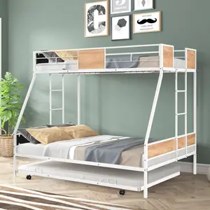 ARCH Metal Twin over Full Bunk Bed with Trundle, Heavy-Duty Sturdy Steel Frame, Noise-Reduced, Safety Guardrail, Wood Accent, No Box Spring Needed, CPC Certified, Space-Saving Kids Bedroom Furniture, Black, Bedroom Furniture for Bedroom