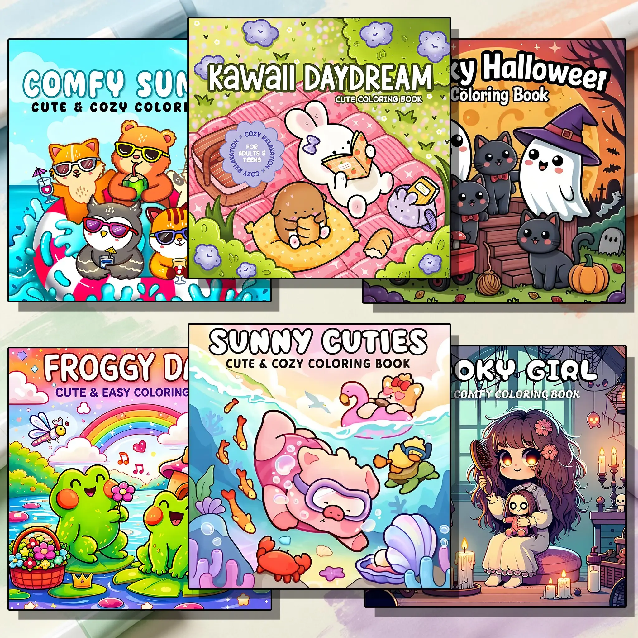 3/6 pieces Kawaii Cute Cozy Adult Coloring Book Set Comfy Summer Kawaii Daydream Spooky Halloween Froggy Days Sunny Cuties Spooky Girl Easy Coloring Pages Stress Relief BookTok Trend Self Care Gift For Teens Adults,Festivals and Back-to-School Gifts