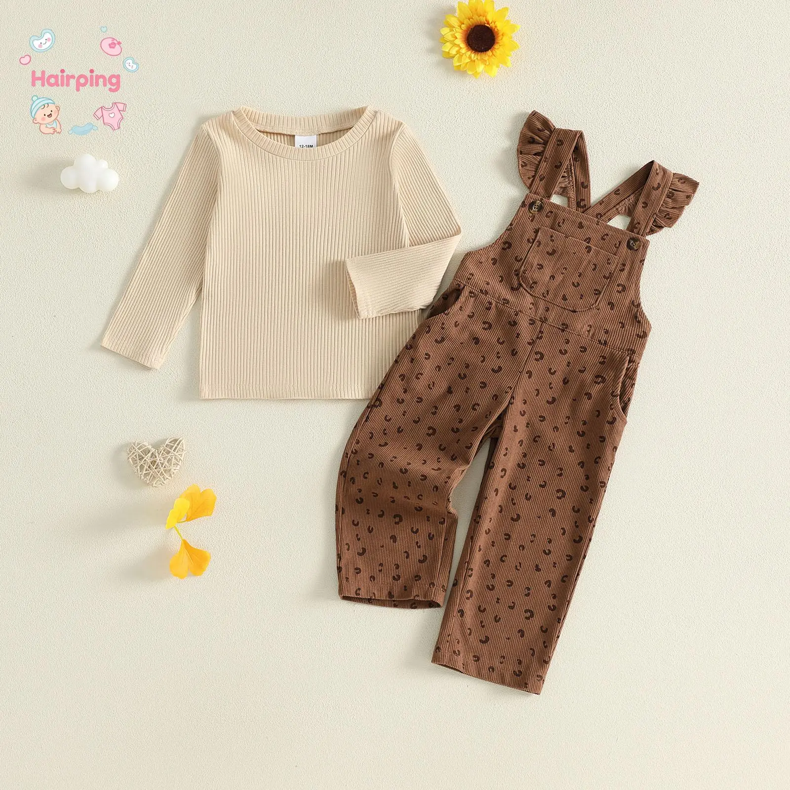 Toddler Baby Girl 2-Piece Fall Outfit Set - Ribbed Fabric Long Sleeve Shirt, Printed Flying Sleeve Jumpsuit, Full Length