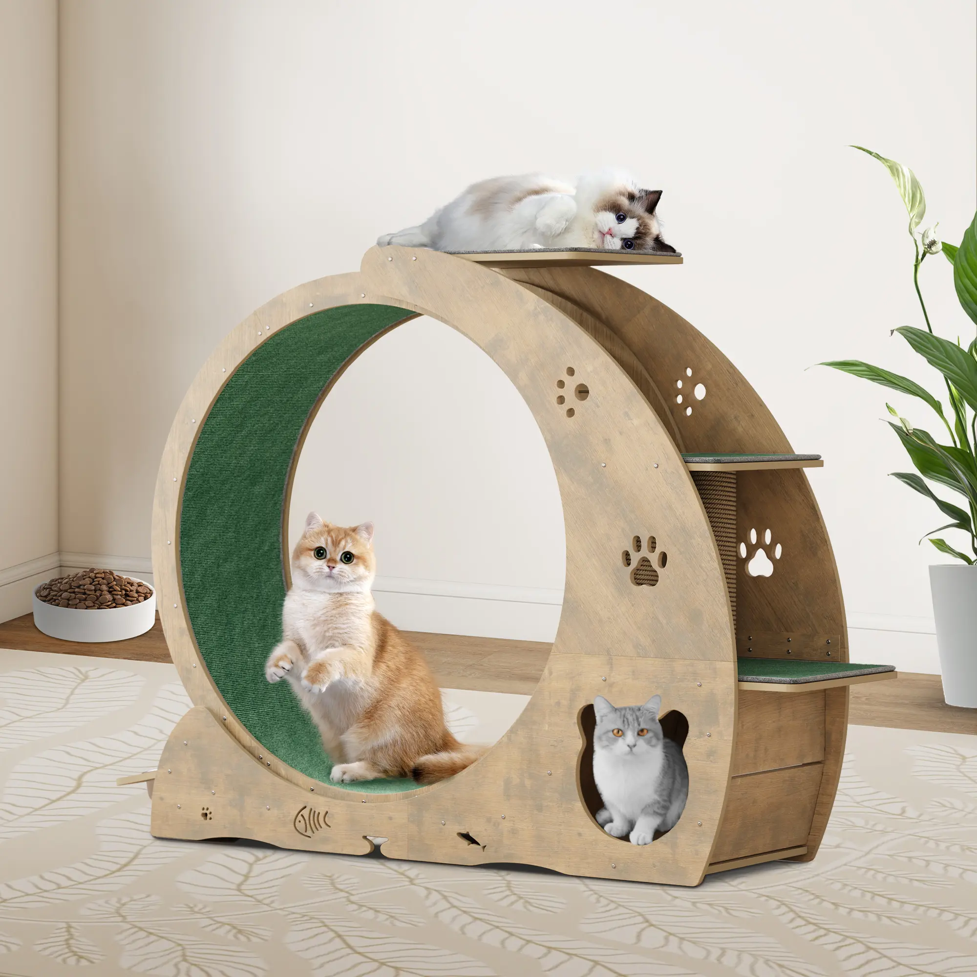 4-in-1 Cat Running Wheel 40-48" – Silent, Stable with Scratching Post, Climbing Tower & Bowls – Indoor Cat Exercise/Gym for All Ages/Sizes