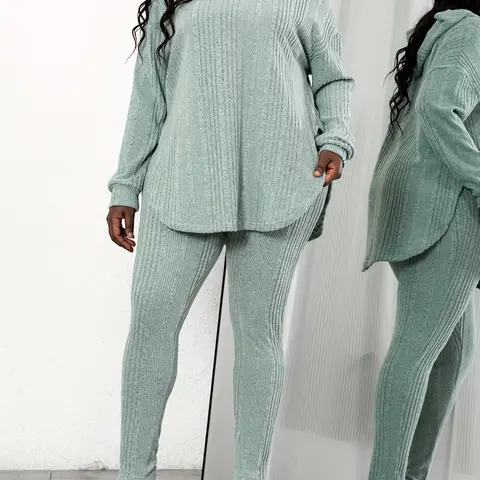 Plus Size Plain Split Curved Hem Hoodie & Leggings Lounge Set, Casual Cozy Breathable Two-Piece Set, Women's Sleepwear for Spring & Fall, Suitable for Daily Home Wear, Pajama Set