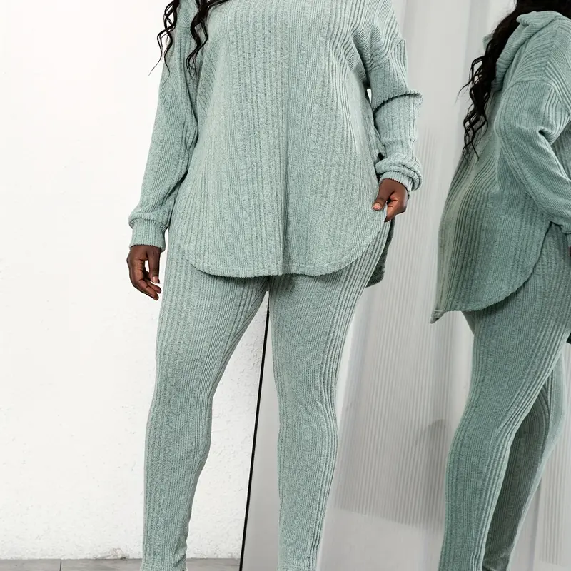 Plus Size Plain Split Curved Hem Hoodie & Leggings Lounge Set, Casual Cozy Breathable Two-Piece Set, Women's Sleepwear for Spring & Fall, Suitable for Daily Home Wear, Pajama Set