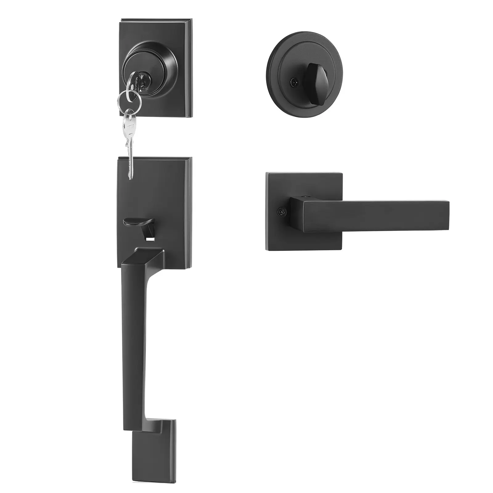 VEVOR Front Door Handle and Deadbolt Set, Square Entry Handle Set with Lever, Single Cylinder, Adjustable Hole Space, Reversible for Right and Left Handed Entrance and Front Doors, Matte Black