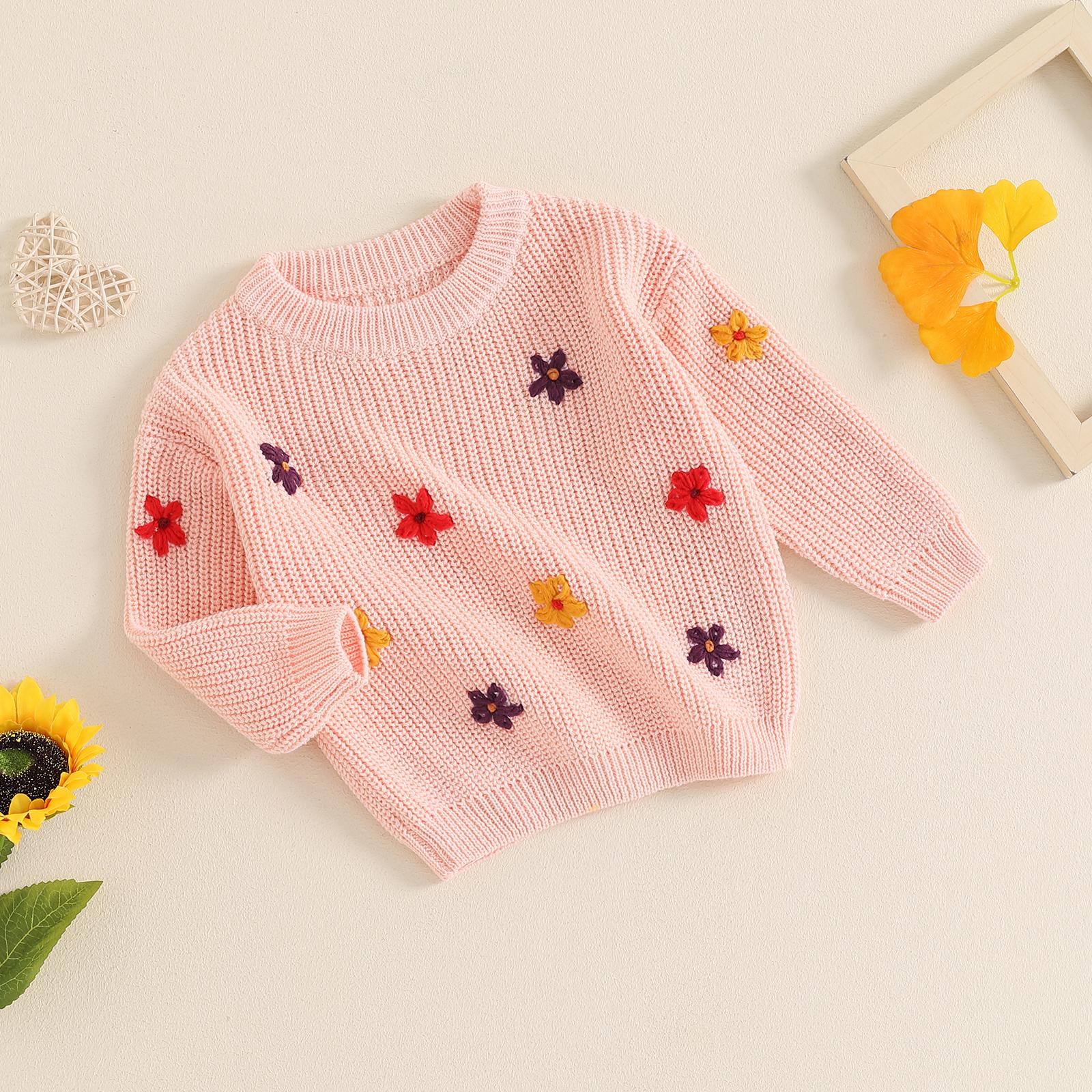 Toddler Baby Girl Knit Sweater Blouse Pullover Sweatshirt Flower Embroidery Warm Long Sleeve Tops 0-5 Years