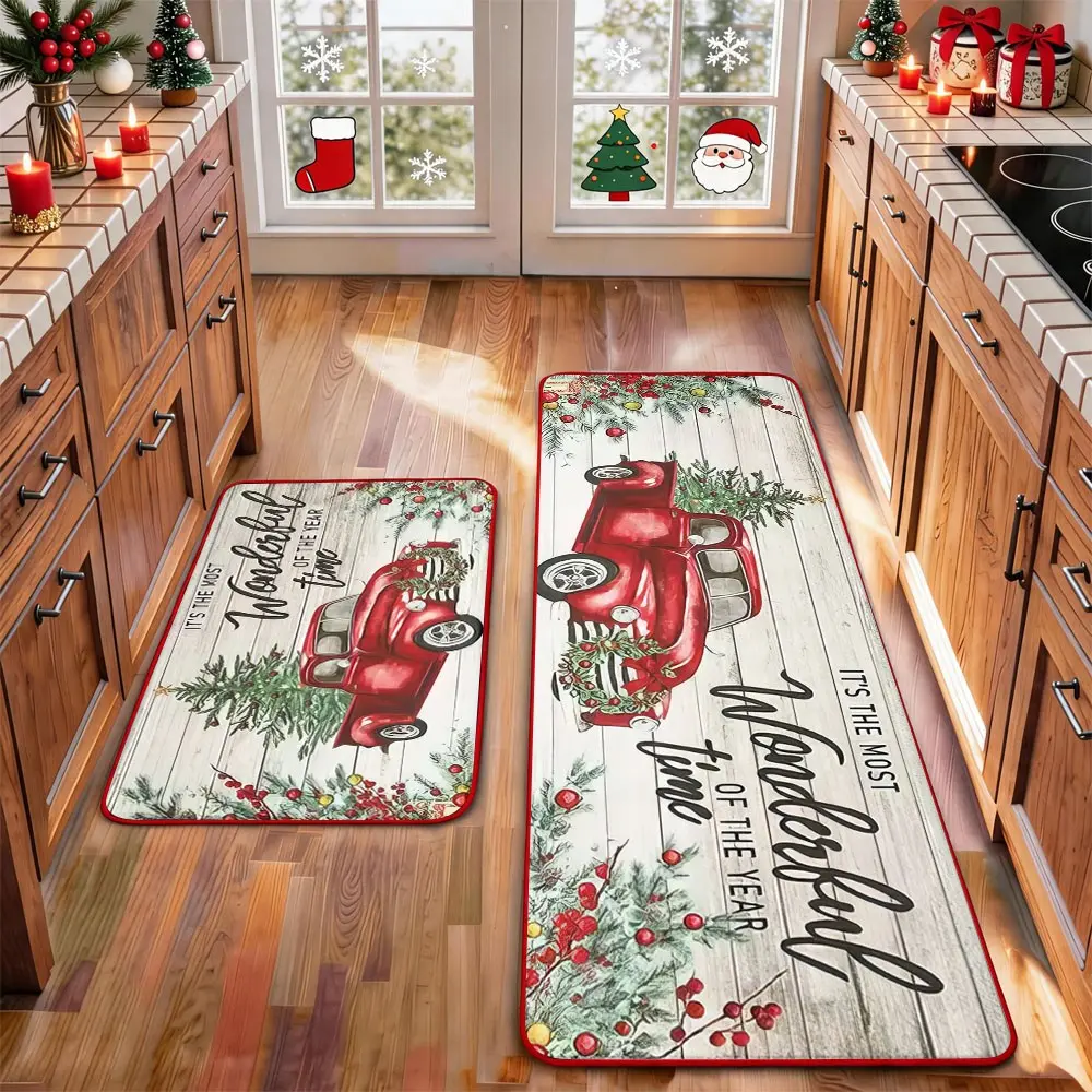 2-Piece Christmas Kitchen Mat Set,Snowman Wood Gingerbread Goblin Reindeer Christmas Tree Pattern Design, Washable Non-Slip Mats for Bathroom, Kitchen, Laundry Room, Hallway, Holiday Decor Gift，Christmas Spring Home Decor door mat