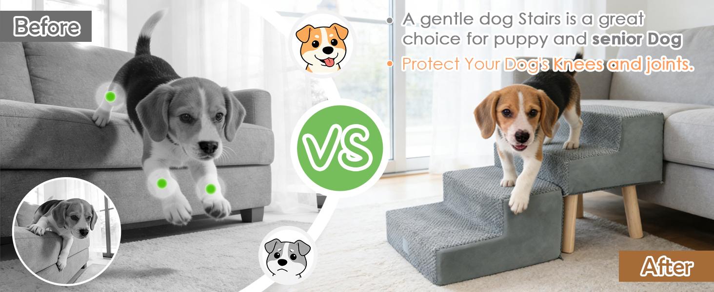 Dog Stairs for Small Dogs and Cats, 4-Step Dog Ramp for Couch and Bed, Foldable 2-in-1 Wooden Pet Steps for Puppy, Split Ottoman Design, Beige