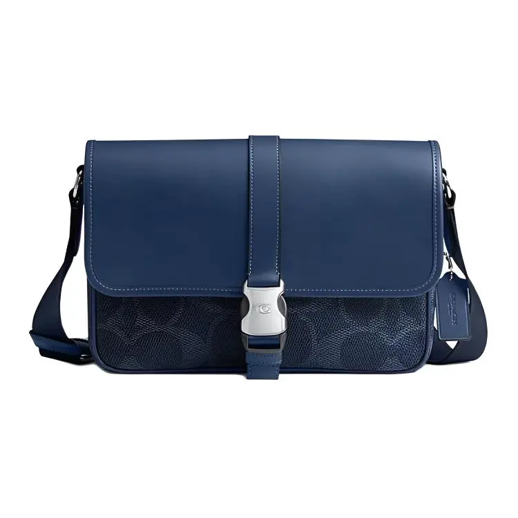 COACH League 29 Classic Monogram Snap-Clasp Crossbody Shoulder Bag for Women, Large Blue Genuine Leather