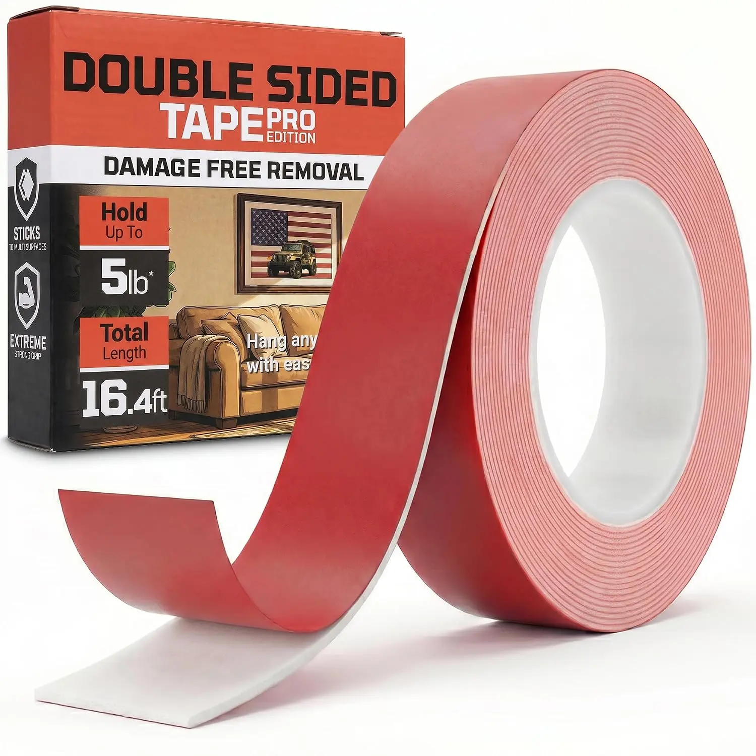 Wall-Safe Double-Sided Mounting Tape - Heavy-Duty 2-Sided Adhesive Tape - -Free Removal, No  - Easy-Peel Liner for , Office, DIY, Posters & Signs – 16.4 ft Roll (White)