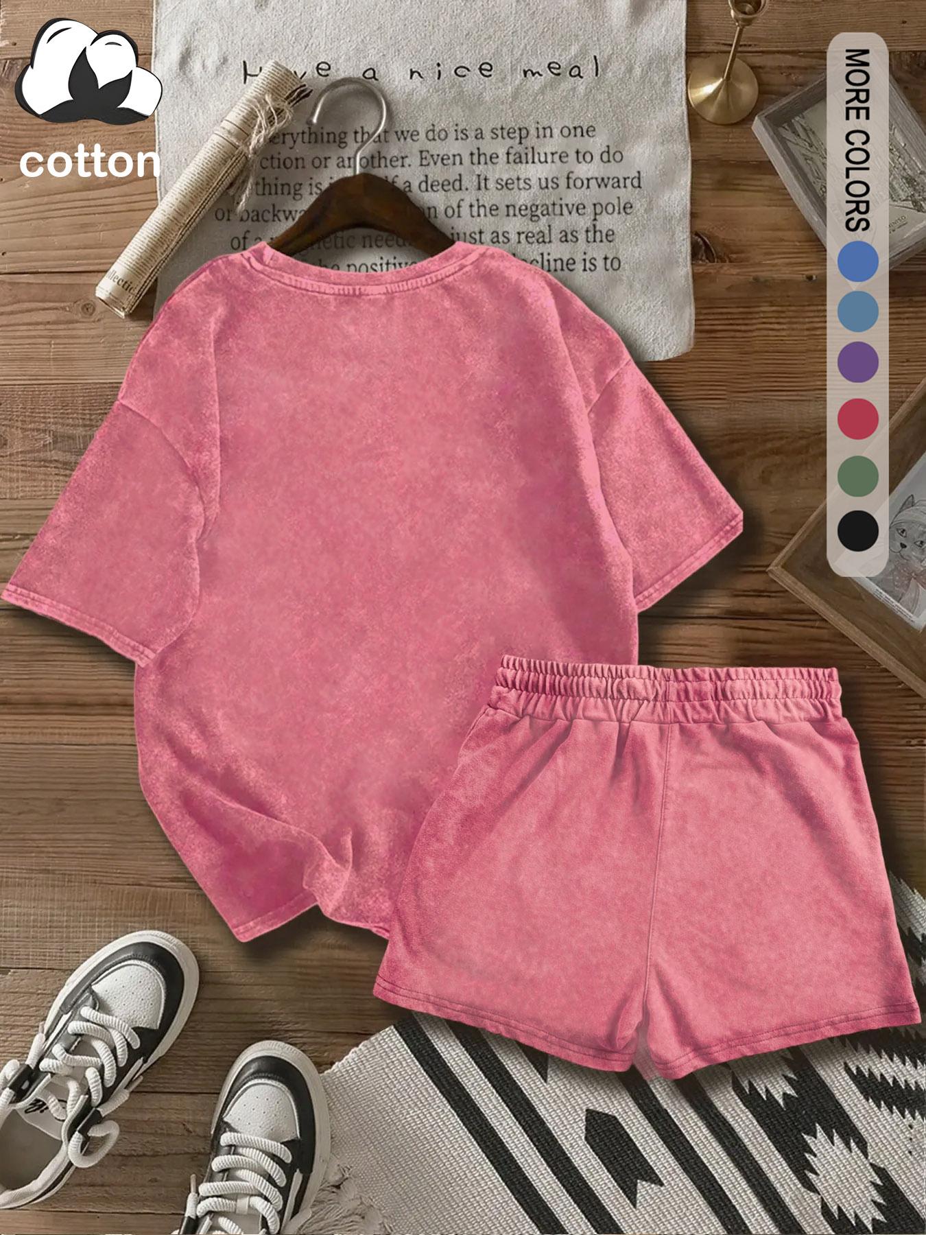 Summer women's suit with leopard and cherry pattern print, comfortable cotton, Breathable, vintage Y2k suitable for outdoor leisure, punk style round neck washed cotton Fitted T-shirt and shorts two-piece suit