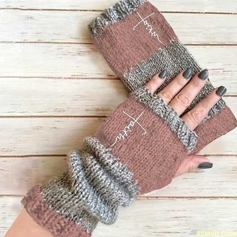 [Women's Color-Block Mittens] Faith Cross Embroidered Women's Thermal Mittens | Autumn/Winter Color-Block Gloves