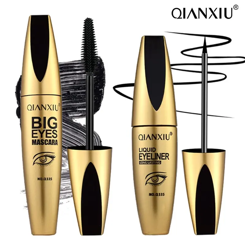 2 In 1 Mascara and Eyeliner Set Waterproof Smudgeproof 24 Hours Long Lasting, Gold Tube Volumizing Curling Mascara & Precision Liquid Eyeliner Pen Kit, Quick Drying Big Eye Makeup Cosmetics