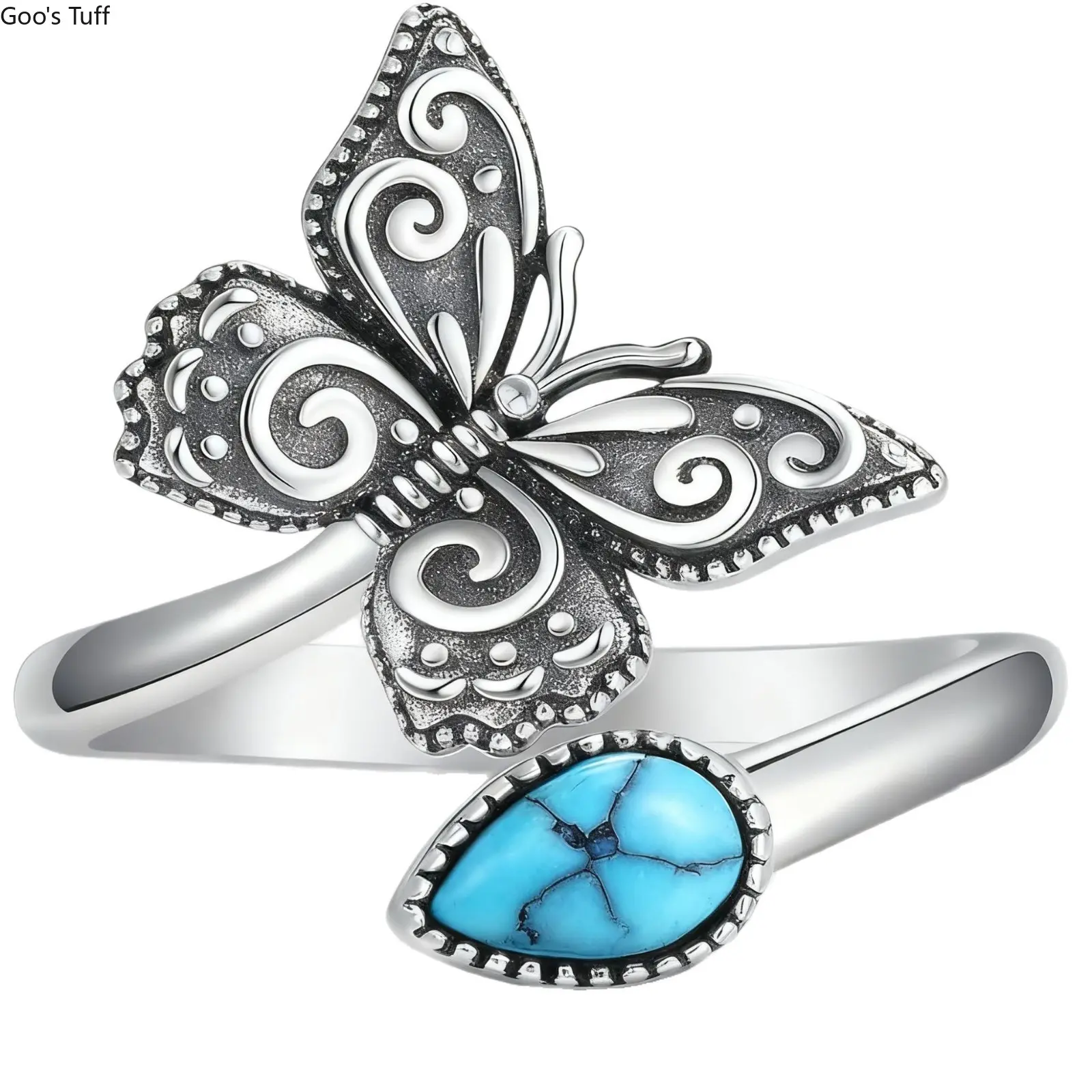 Women's Vintage Alloy Butterfly Turquoise Adjustable Open Ring - Animal Motif Statement Costume Jewelry for Daily, Bohemian Party Wear