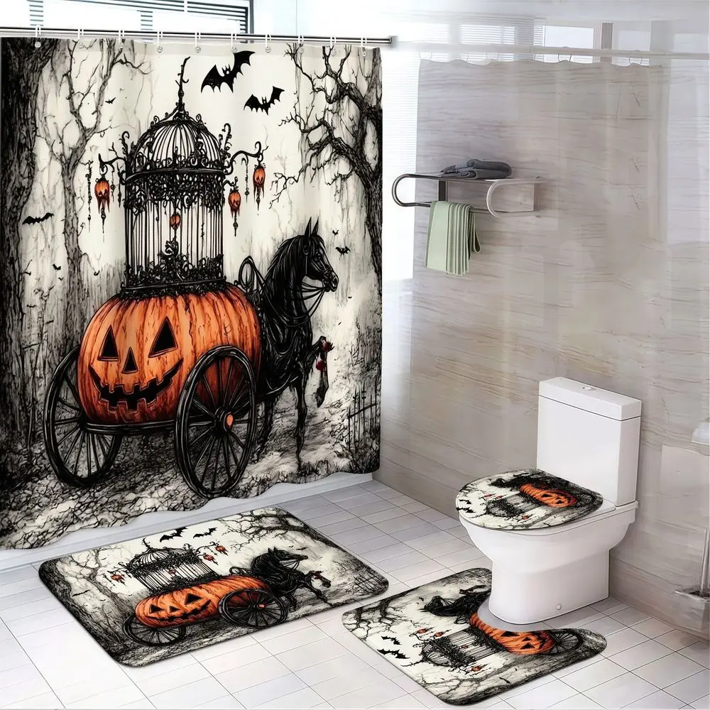 4pcs Halloween Bathroom Decor Set, Spooky Pumpkin Carriage, Black Bat Silhouette, Haunted House Candelabra, Gothic Spider Web Design, Scary Fall Themed TikTok Hot Search