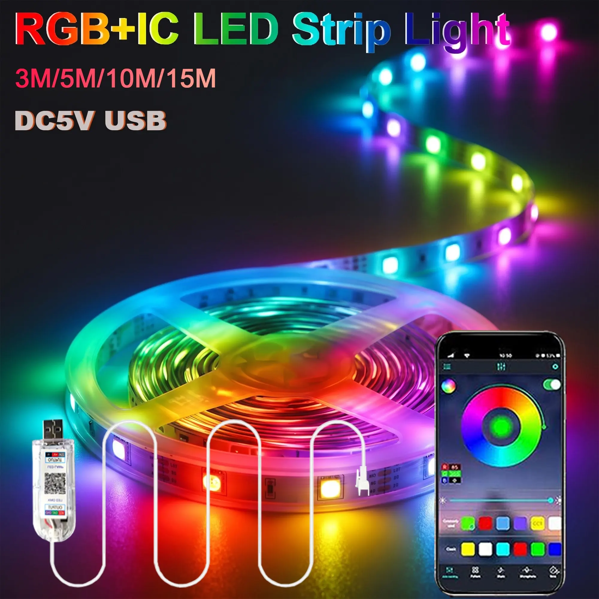RGB-Ic LED Strip Light, DIY Colorful Chase Light, USB Smart Bluetooth-compatible, APP Control, Music Sync, Home Decor, Party, Gift