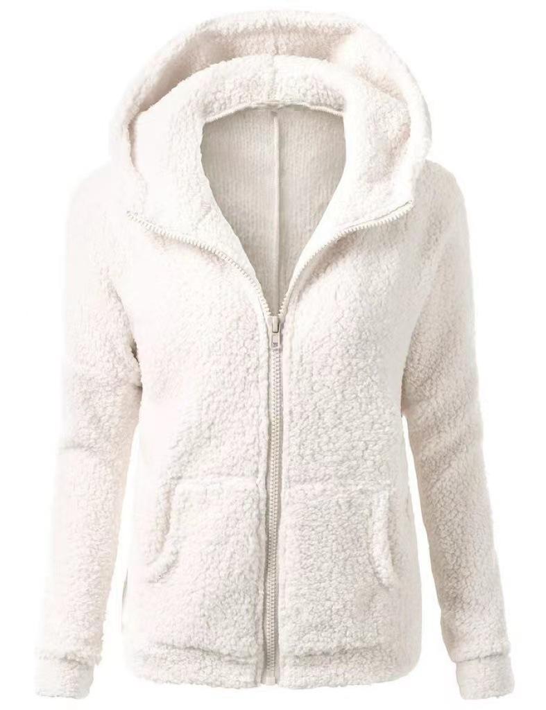 BIGWIG women's zipper hooded plush jacket with zipper pockets and lightweight fleece lining, winter warm fleece zipper jacket, cotton jacket, plush sweatshirt, autumn and winter lambskin women's hooded pullover cold-proof jacket