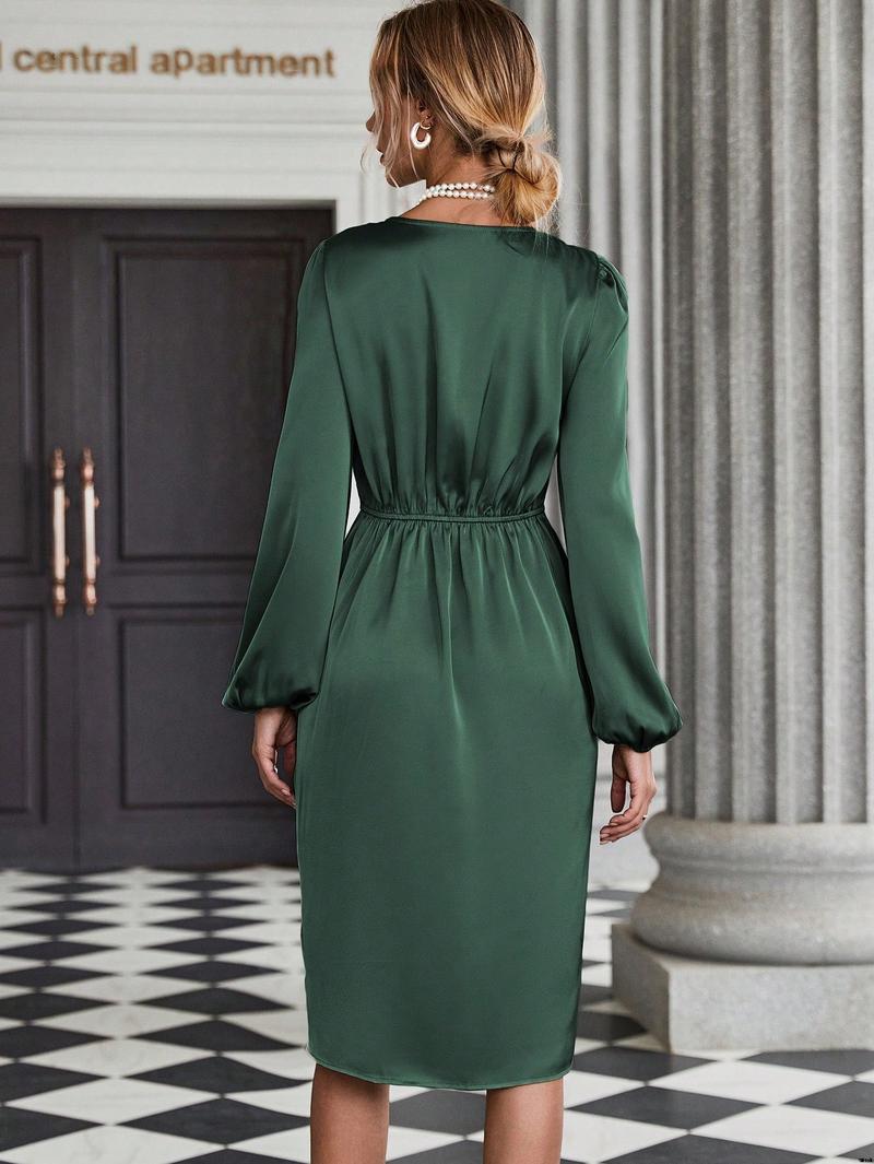 Dress satin hem body sleeve wrap lantern Clasi SHEIN