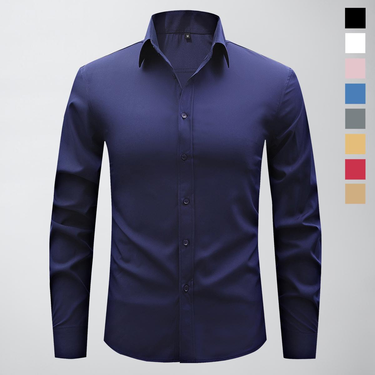 Non-stretch men’s slim-fit long-sleeve shirt; casual button-front dress shirt suitable for semi-formal and business-casual occasions; men’s formal inner layer; solid-color pointed-collar button-front long-sleeve shirt; menswear