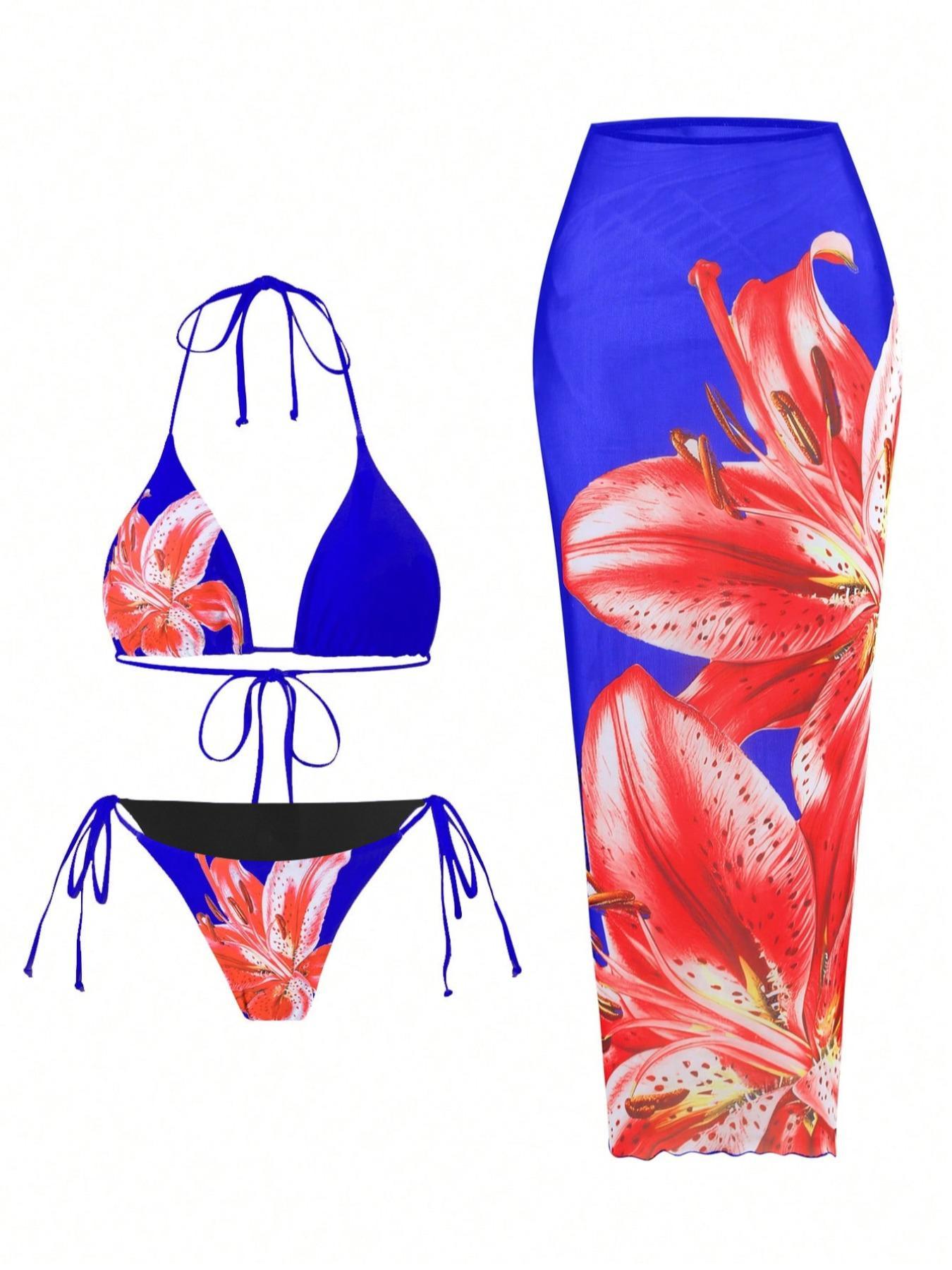 Women's Floral Print Halter Bikini Set, Tie Back Swim Bra & Tie Side Swim Panty & Cover Up Skirt Set, Swimming Swimwear Set for Beach Holiday Vacation, Y2k Bathing Suit, Floral Print Swimsuits, Summer Swimsuit Set
