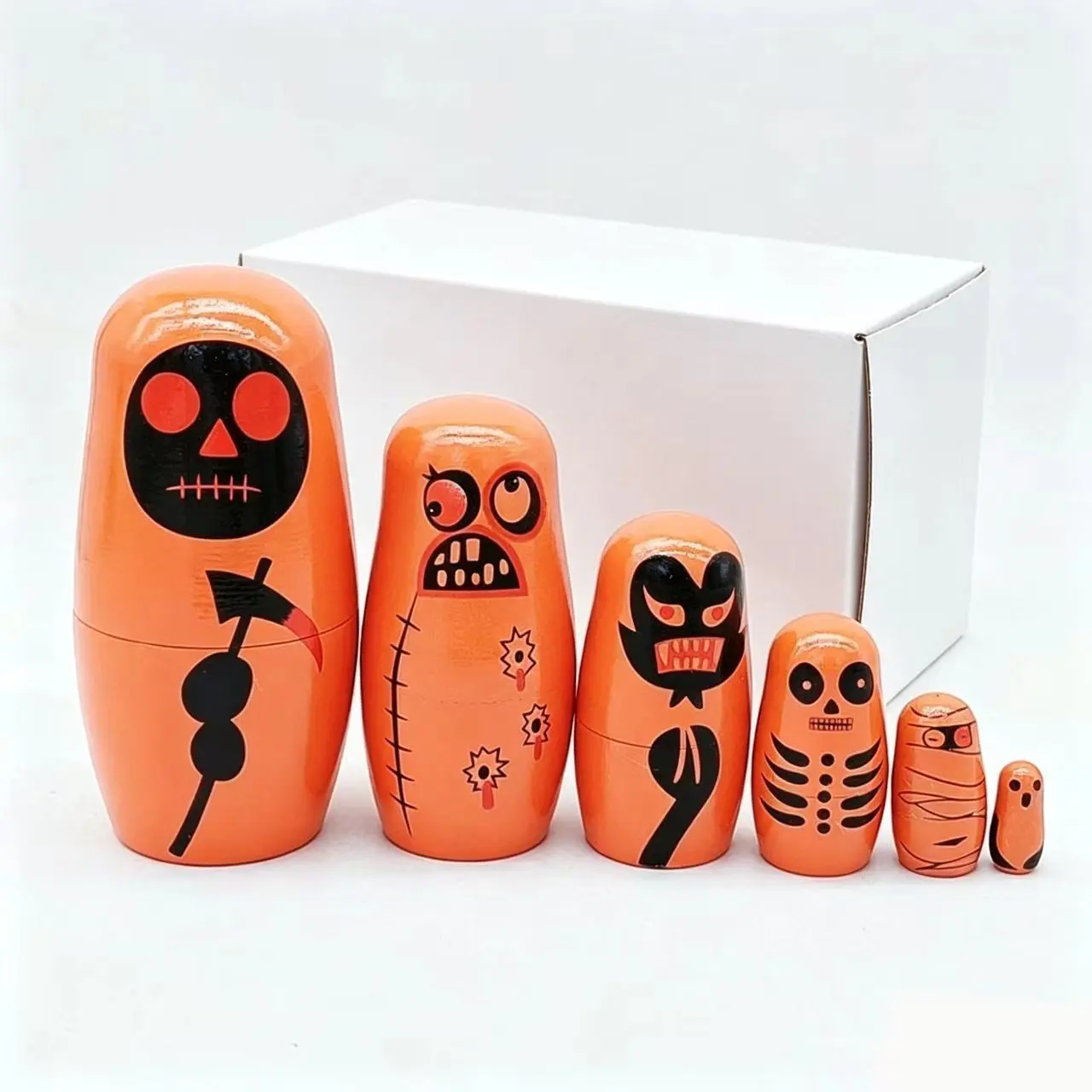 6-Layer Halloween Russian Doll, Hand-Painted Wooden Nesting Toys, Eco-Friendly, Educational, Perfect for Kids, Festive Gifts, Decorative Ornaments