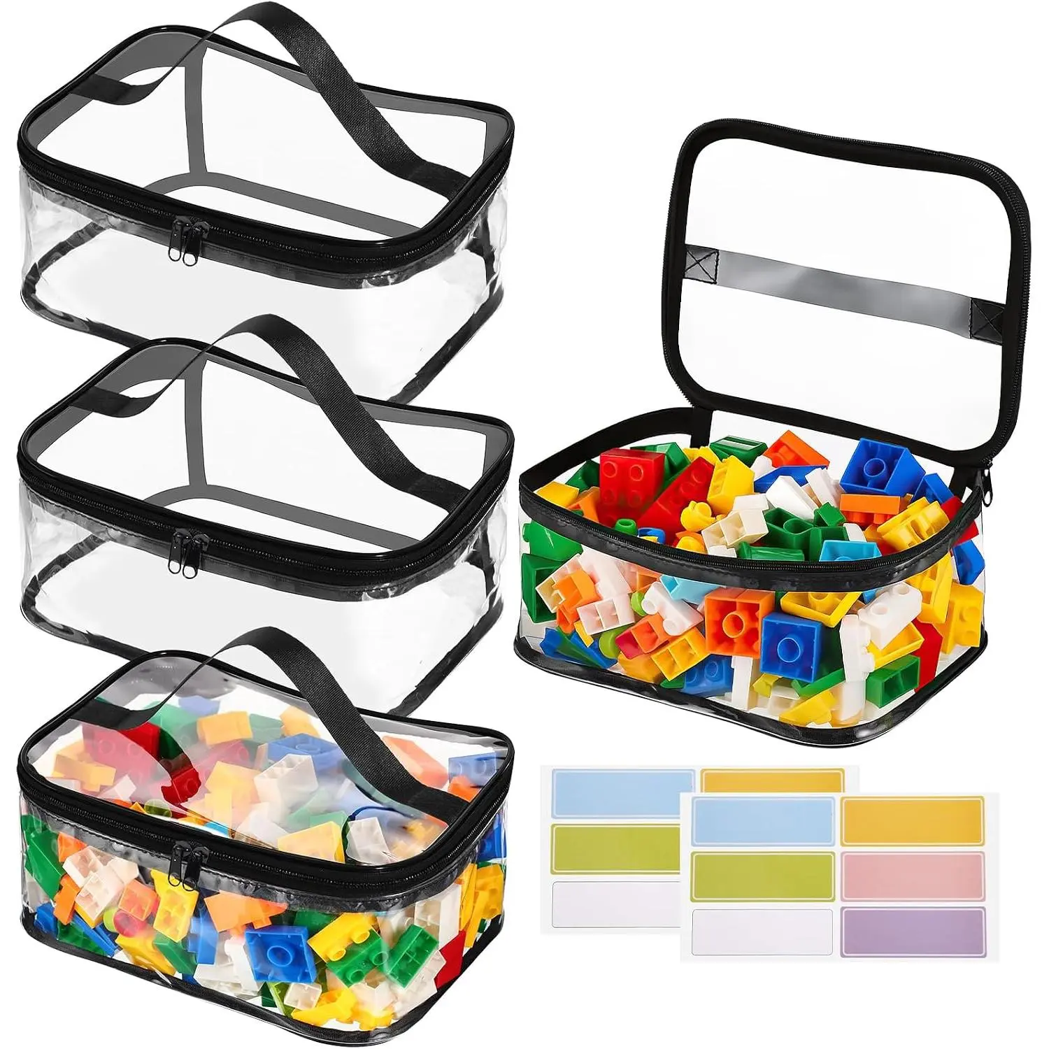 4 Pack Clear  Storage Bags, PVC   Organizer, Black |  PVC, Transparent View,  Zip Bags, Label Tags, for Blocks, Puzzles, Board , Travel and  Storage