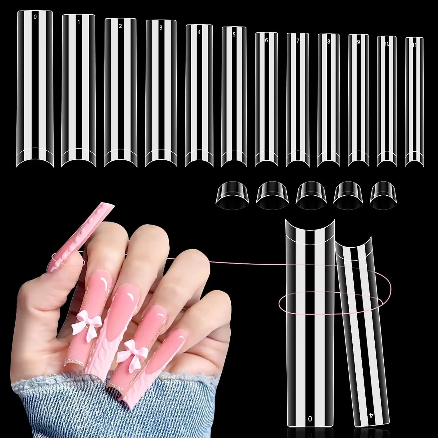504PCS No C Curve Clear Nail Tips for Acrylic Nails, 3XL Extra Long 12 Sizes Half Cover Straight Tapered Square French Fake Nail Tips for Nail Salons Home DIY
