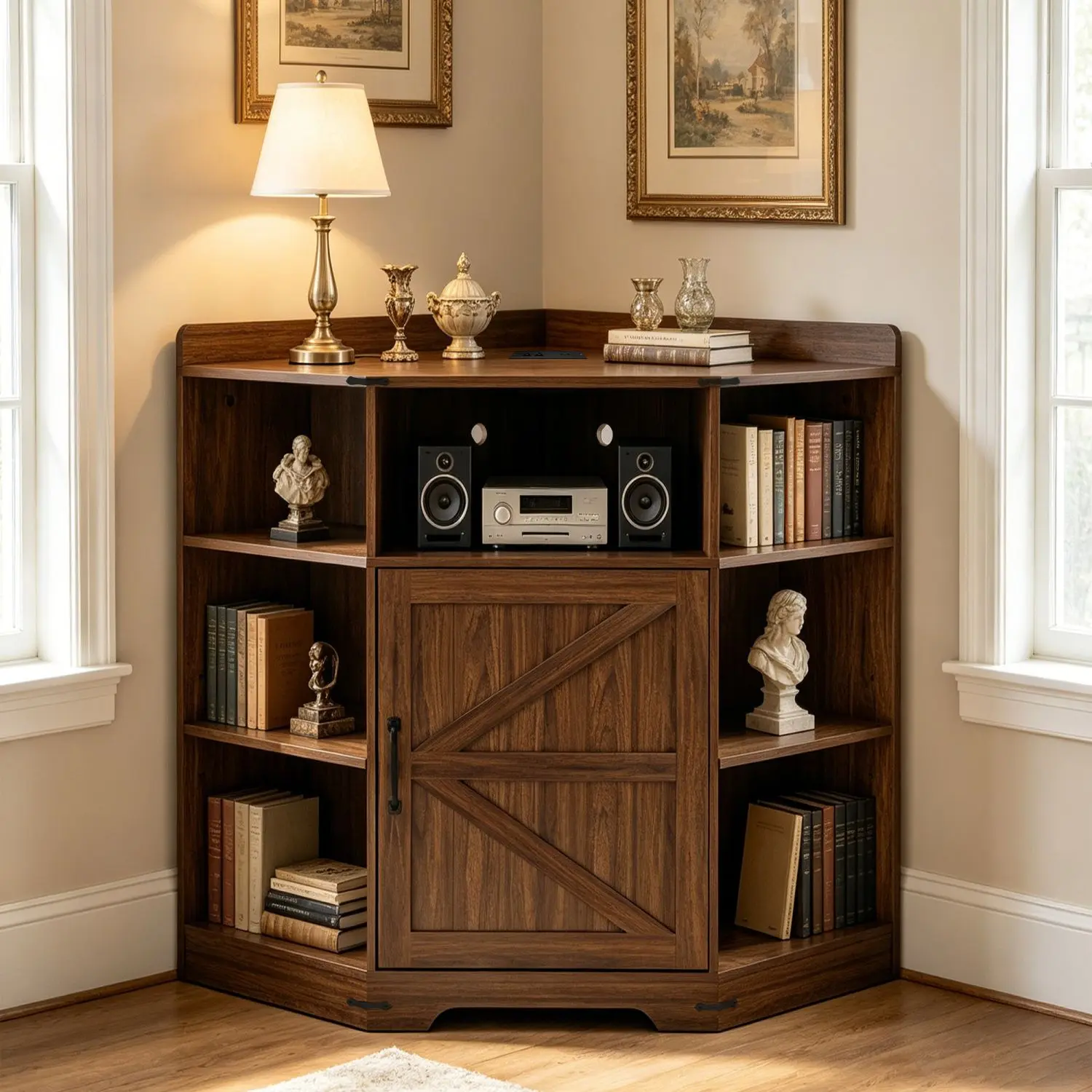 Industrial 6-Cubby Wooden Corner Cabinet with USB Ports & USB Outlets - Small Space Storage Shelf for Study, Living Room, Single Unit