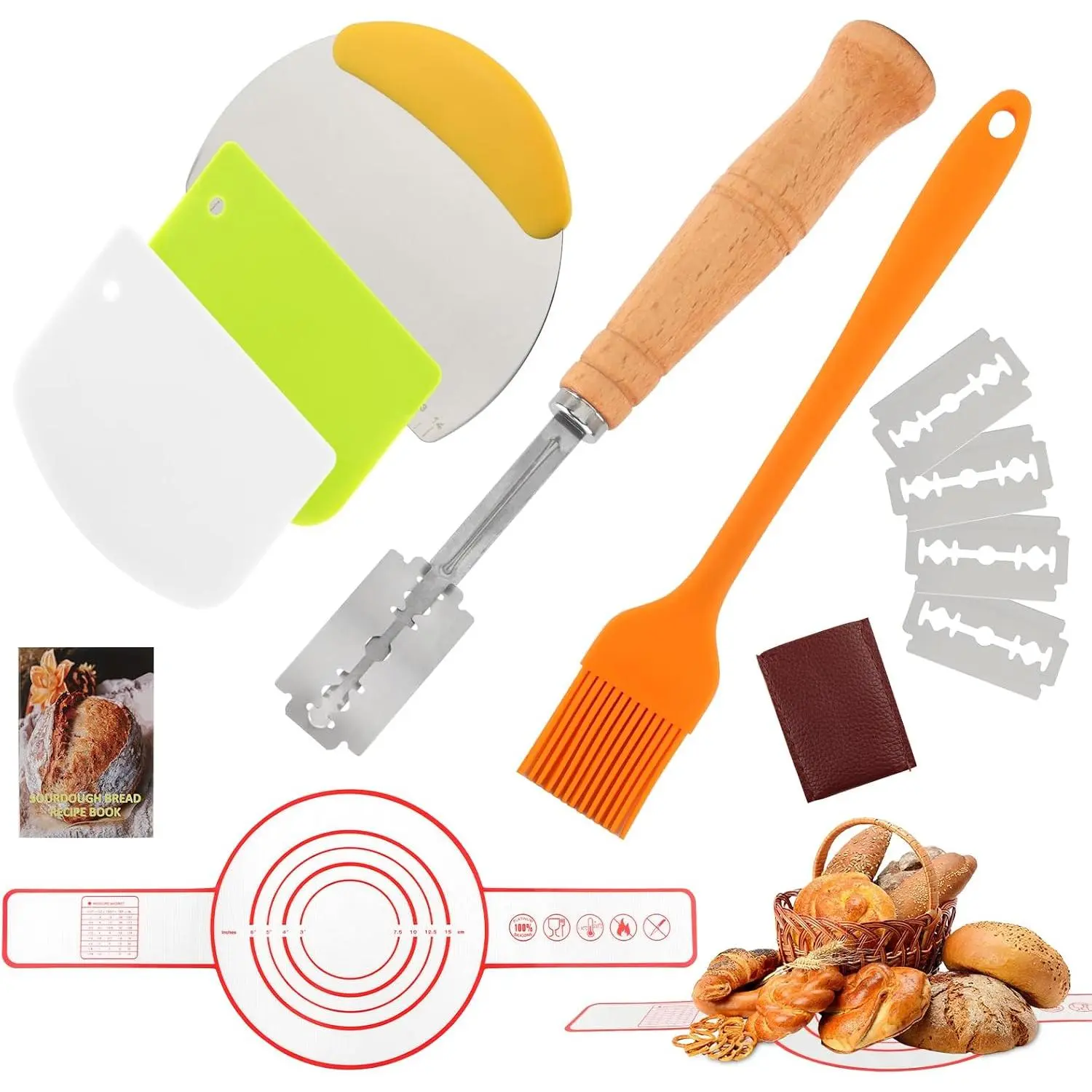 Bread Baking Tools Set, 12 count Kit with  Baking Mat 21.5 cm, Bread Lame with 5  and Pouch, Pastry Brush, 3 Dough Boards, Oven Safe Dishwasher Safe