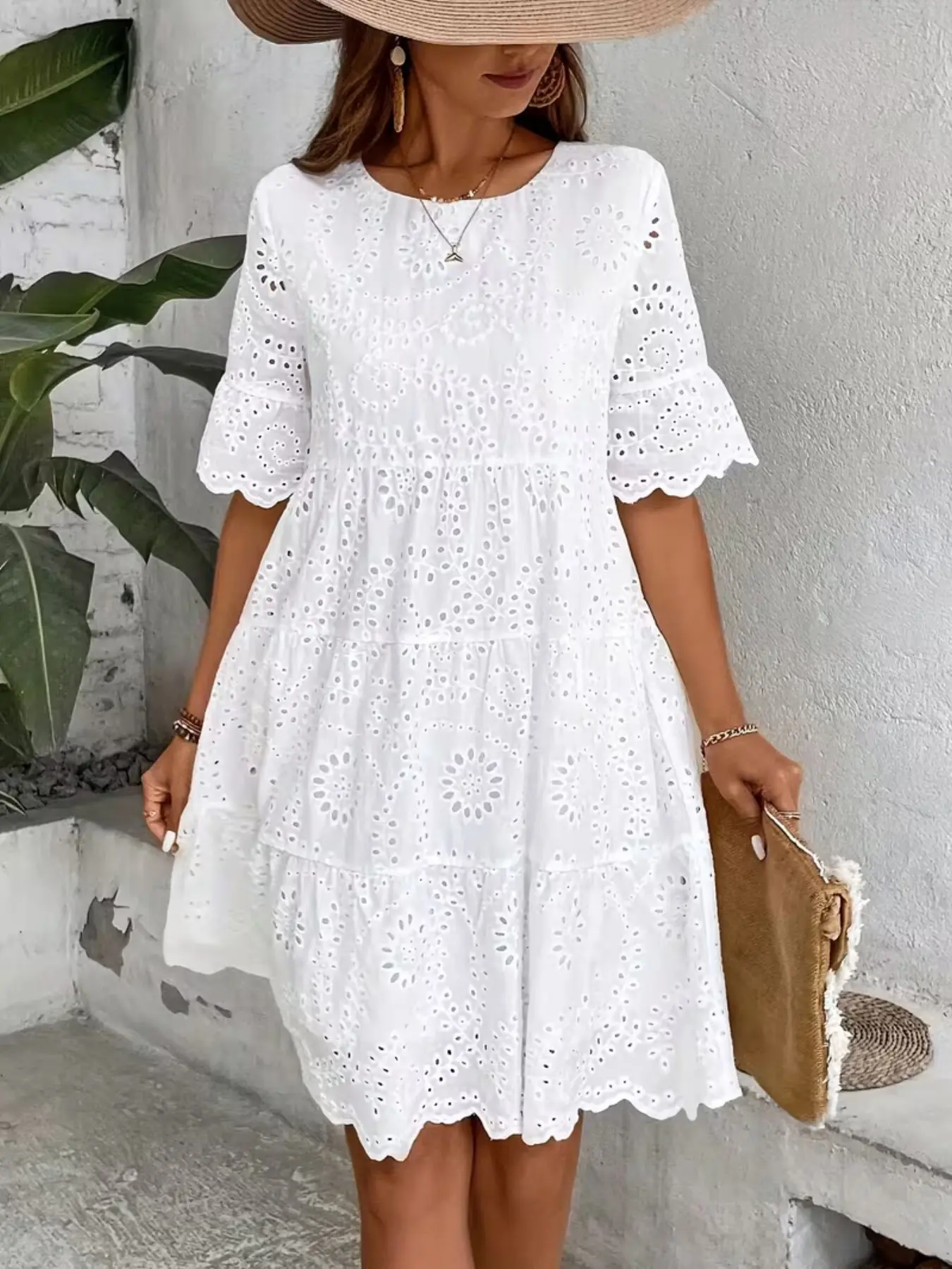 Roses Eyelet Round Neck Dress, Multi-Layered Ruffle Hem, Spring Summer Women's Solid Color Embroidered Beach Party Dress, Elegant Casual Party Wear, Elegance