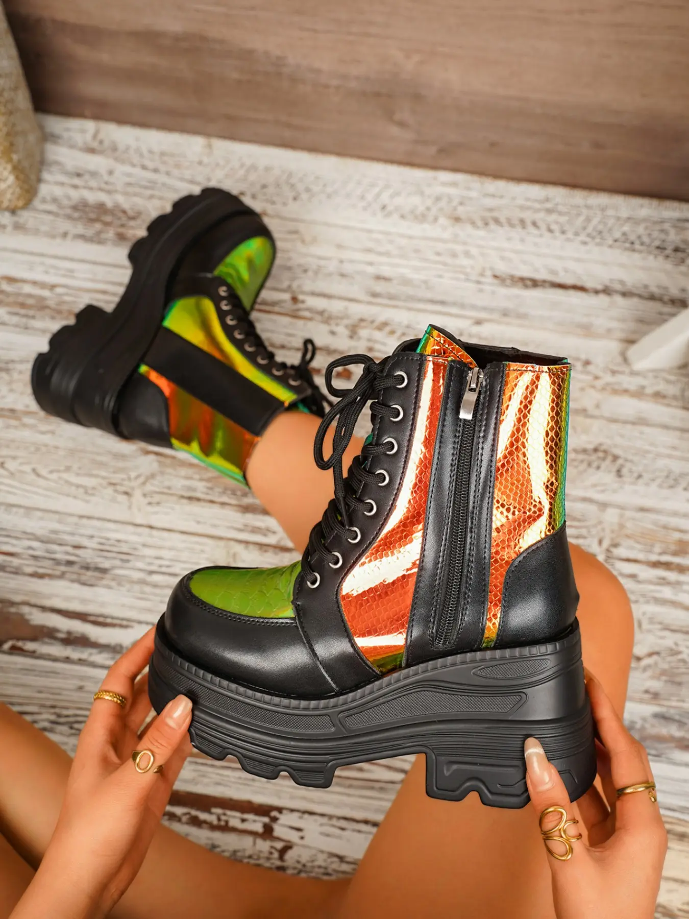 Fall Winter New Fashion Rainbow Laser Patchwork Boots, Round Toe Sloped Heel Thick Sole Laces Side Zipper, Casual Outdoor Wear