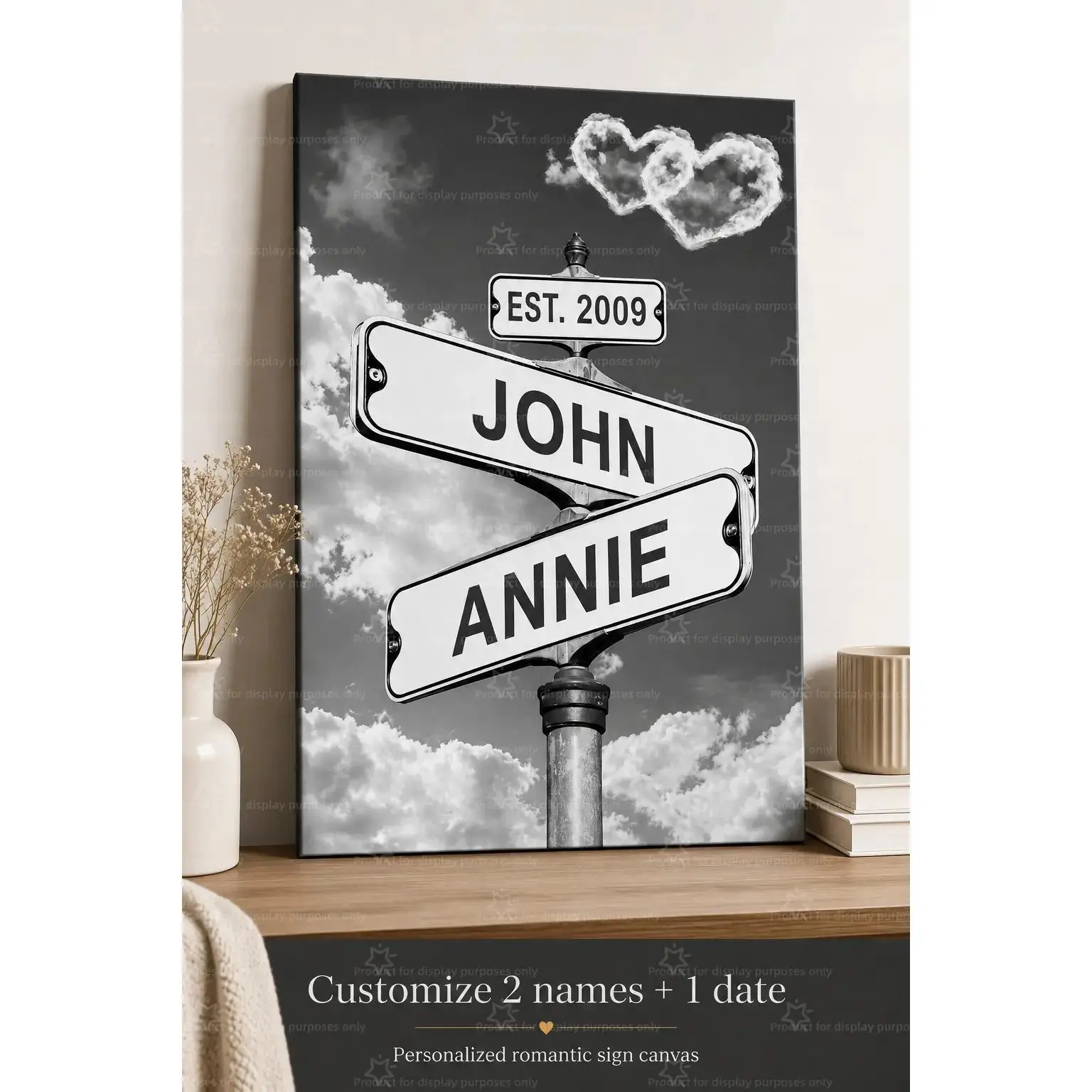 Custom Black White Intertwined Heart Cloud Street Sign Couple Canvas Wall Decor Poster, Monochrome Sky Personalized 2 Names & Establish Date Print, Wall Art for Bedroom Living Room Apartment, Decor Poster Print