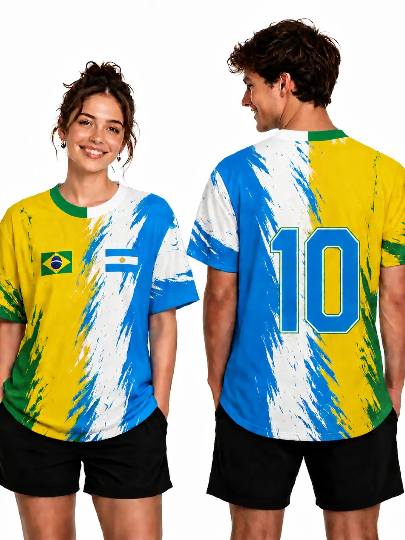 Brazil Argentina Dual Flag Football Couples Jersey, Quick-Dry V-Neck Short Sleeve, South American Fan Training Top, Breathable Sports T-Shirt, Soccer Jersey, Sportswear