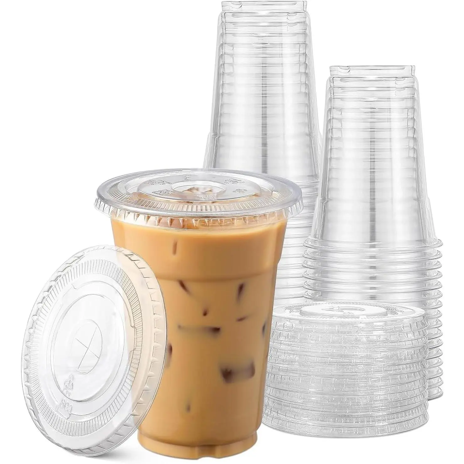 Plastic Cups with Flat Lids 100 Sets 16 oz, Clear Crystal drink cups with lids