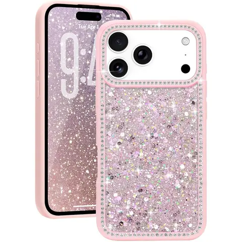 Women's Glitter Smartphone Casing for iPhone 18Pro Max,18 Pro,17 Pro Max,16,15,14,13,12,11 Pro Max Plus - Soft Slim Shockproof Protector, Cute Bling Sparkle Cover with Shiny Diamonds Rhinestones, Hot Pink Mobile Phone Accessories