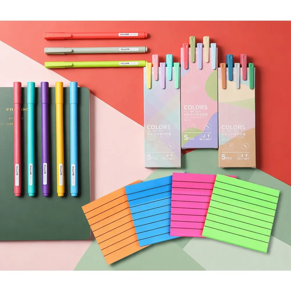7 Colors Self-Adhesive Clear Sticky Note Pads With 30Pcs Colored Gel Pens Set, 0.5mm Fine Point Color Journal Pens, Office School Study Stationery Kit for Note Taking, Journaling, Planner