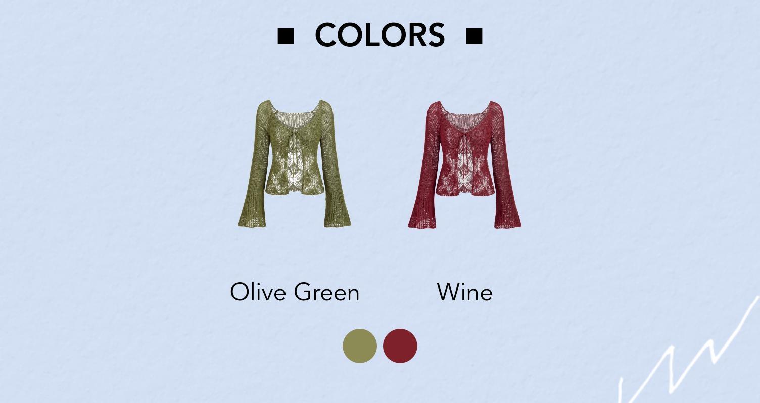 Cider Knit V-neck Bell Sleeve Hollow Out Knotted See-through Top