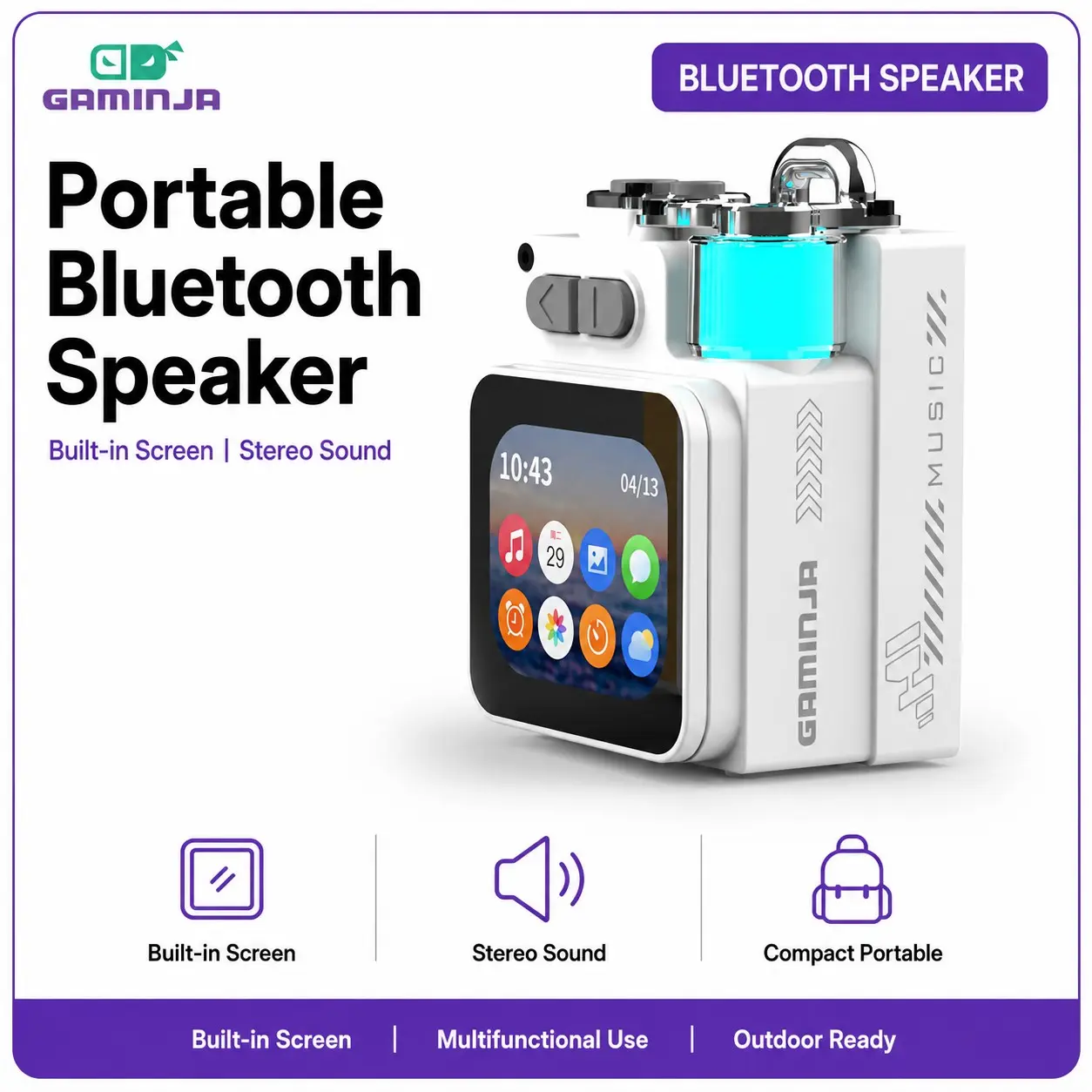 GAMINJA Outdoor Portable Bluetooth Multifunctional Speaker With Display, Multi-Functional Hanging Strap, for Travel and Outdoor Sports, Outdoor Wireless Speakers