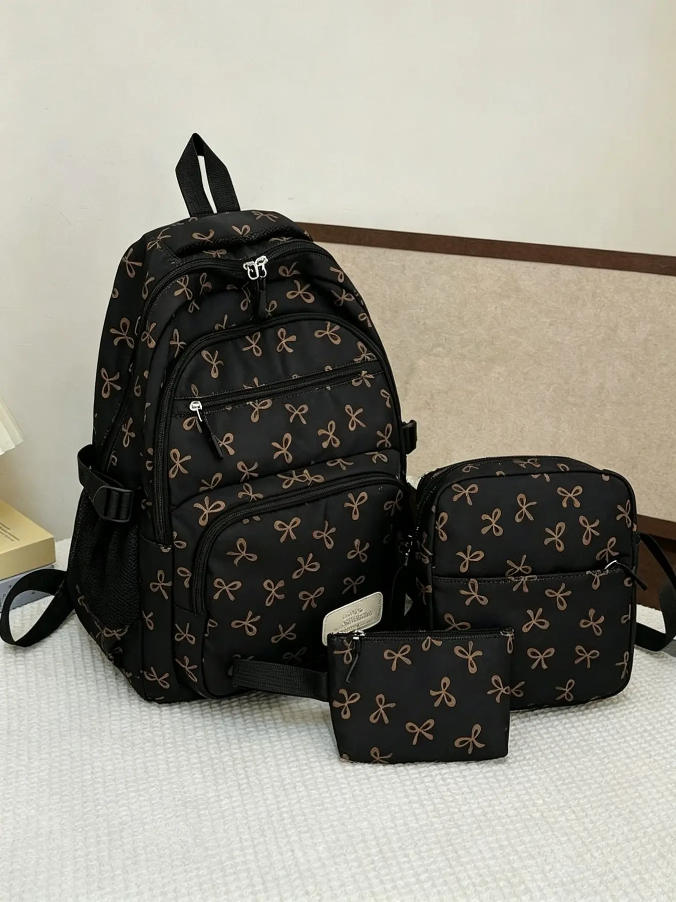 3 Pack Black Nylon Bowknot Printed Multi - Pocket Foldable Waterproof Zipper Travel Backpack Set Teenagers High School College Students Graduation Daily Commute Shopping Travel Valentine's Day Gift